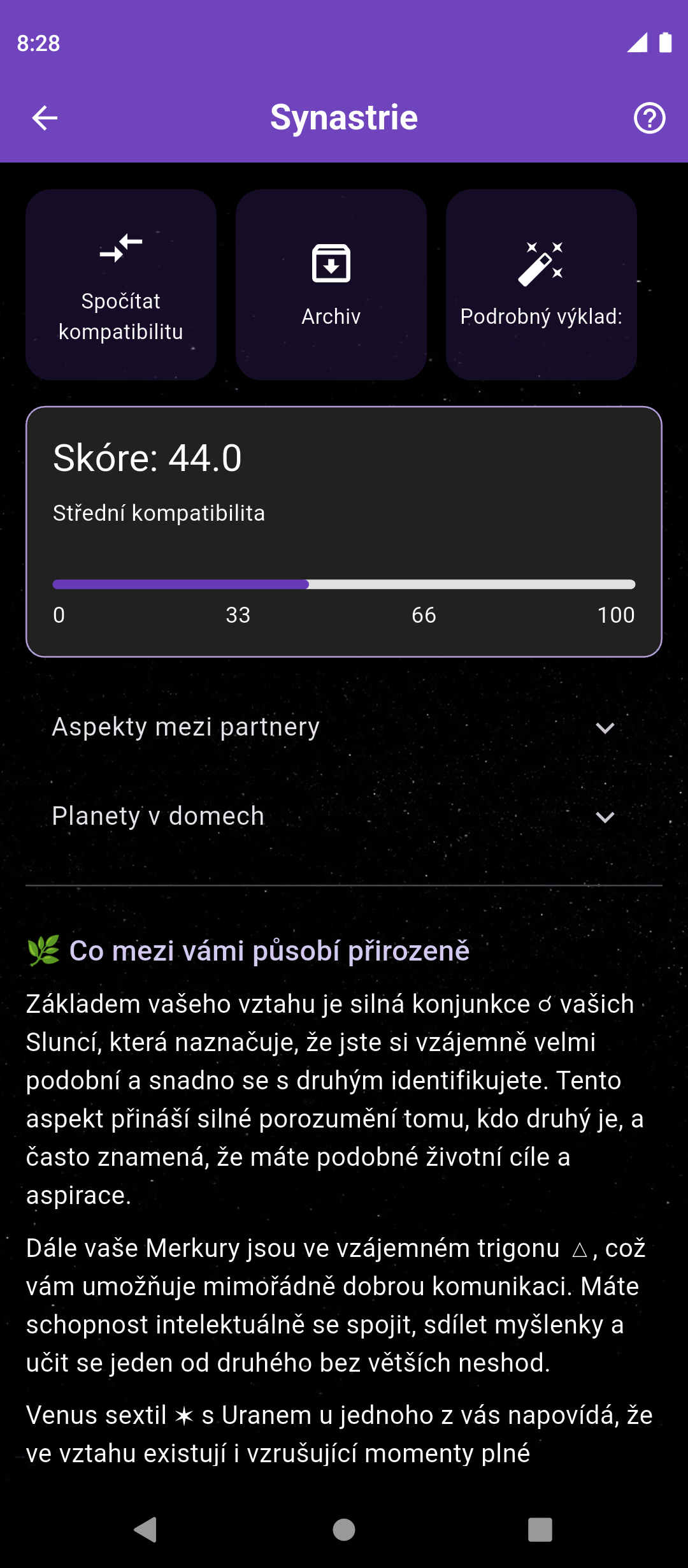 Ukázka vztahové analýzy v sekci Synastrie