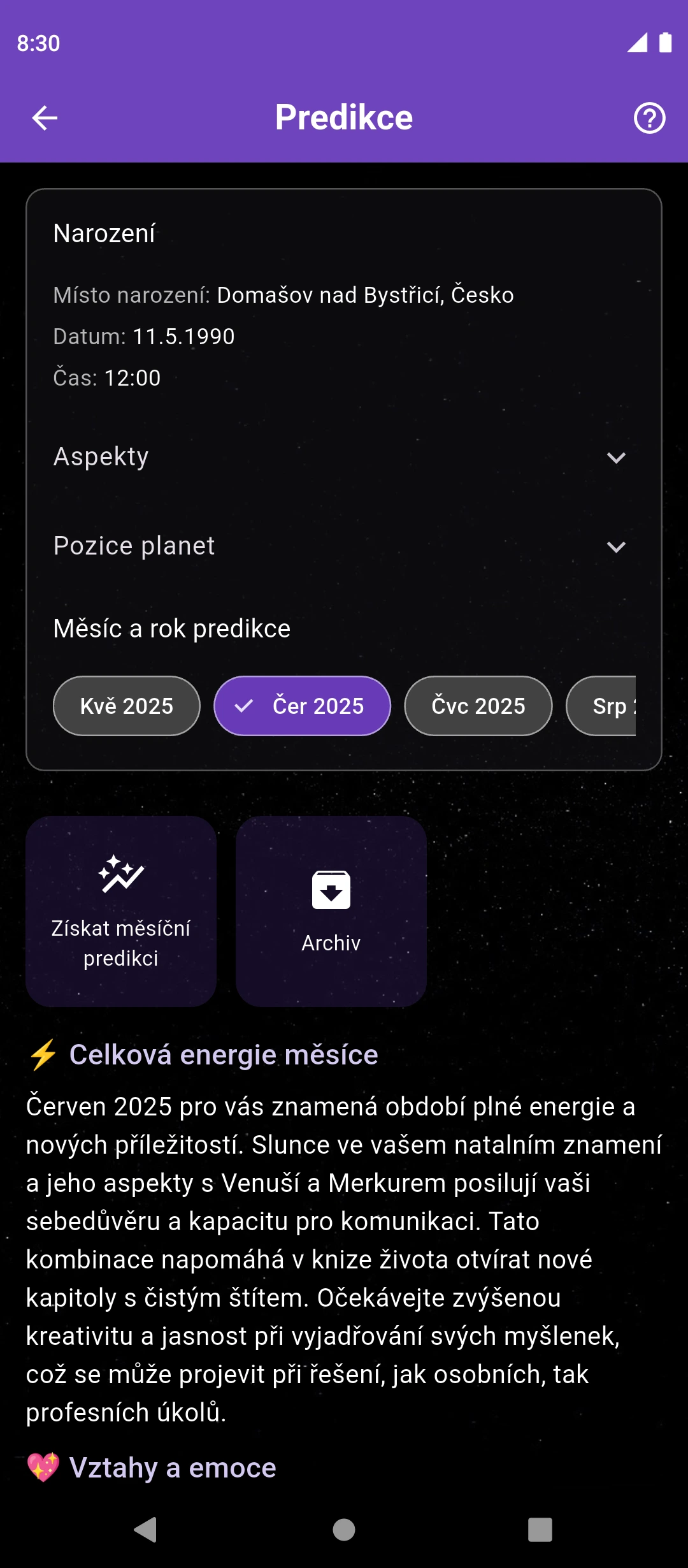 Obrazovka měsíční předpovědi