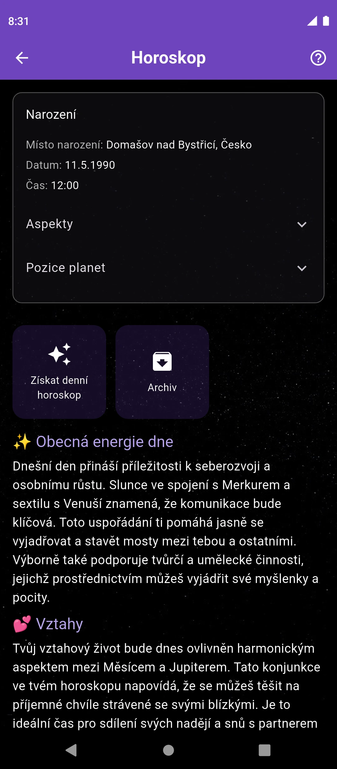 Obrazovka denního horoskopu v aplikaci Nowalogy