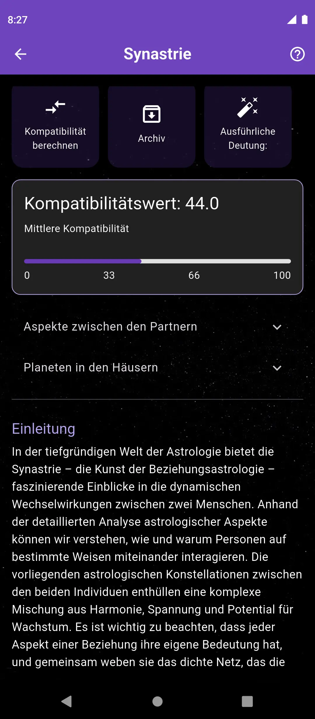Synastrie-Bildschirm – Beispielanalyse der Beziehungskompatibilität