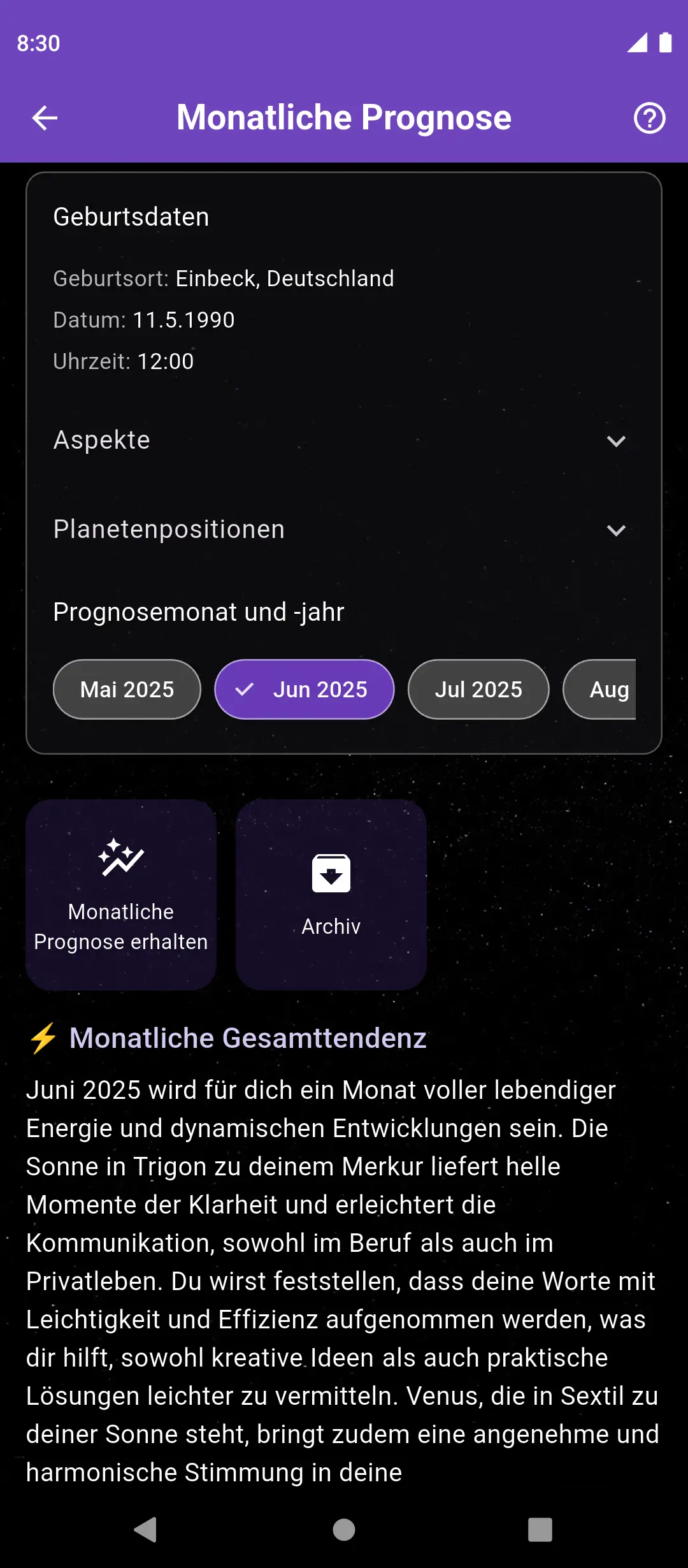 Monatliche astrologische Vorhersage in der App Nowalogy