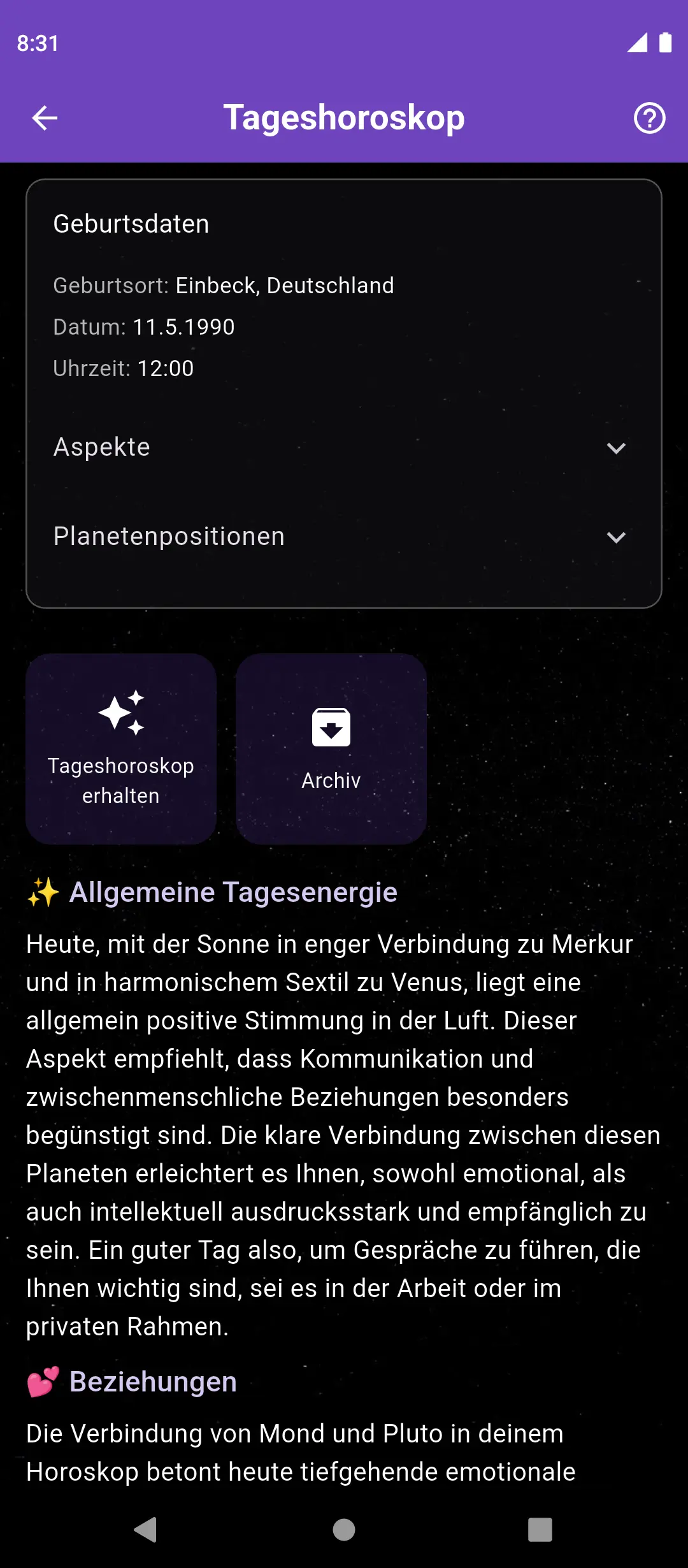 Tageshoroskop-Anzeige in der astrologischen App Nowalogy