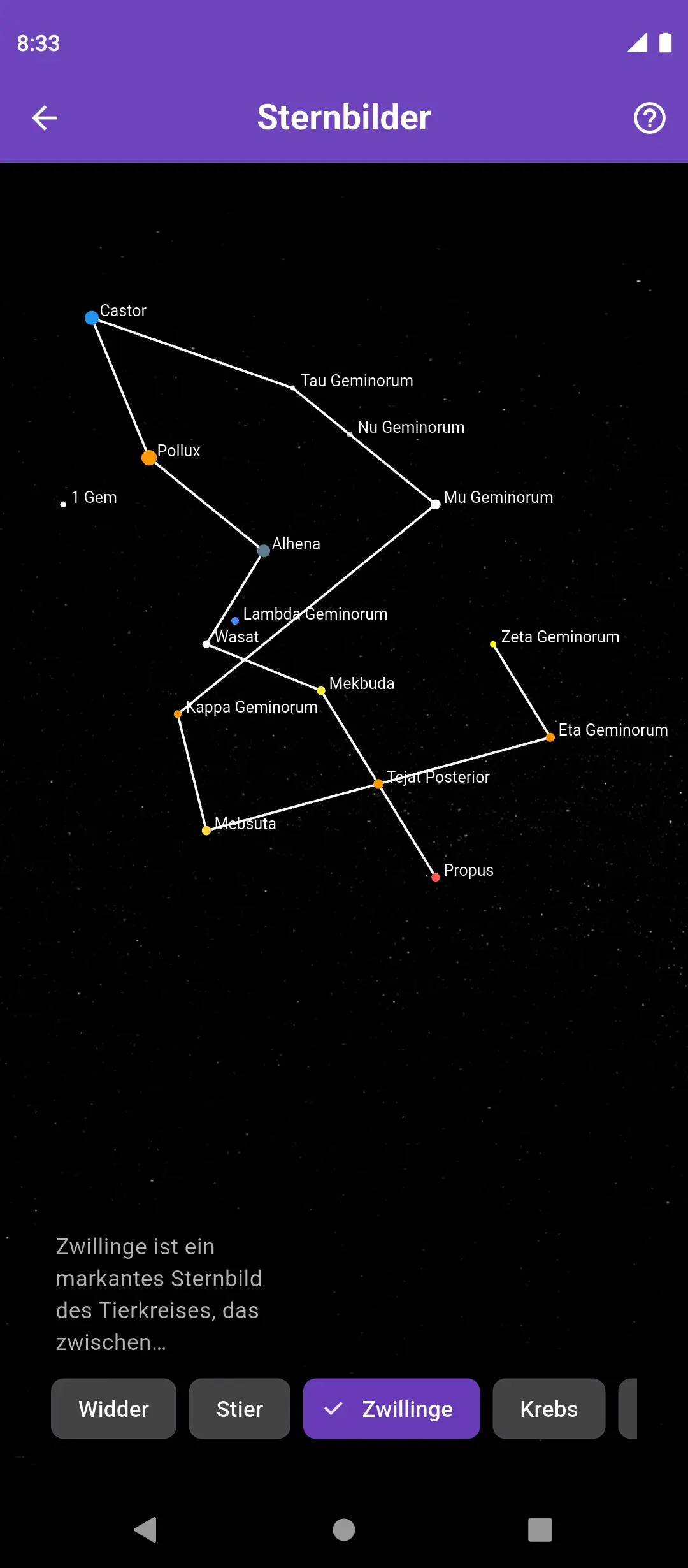 Visualisierung von Sternbildern in der App