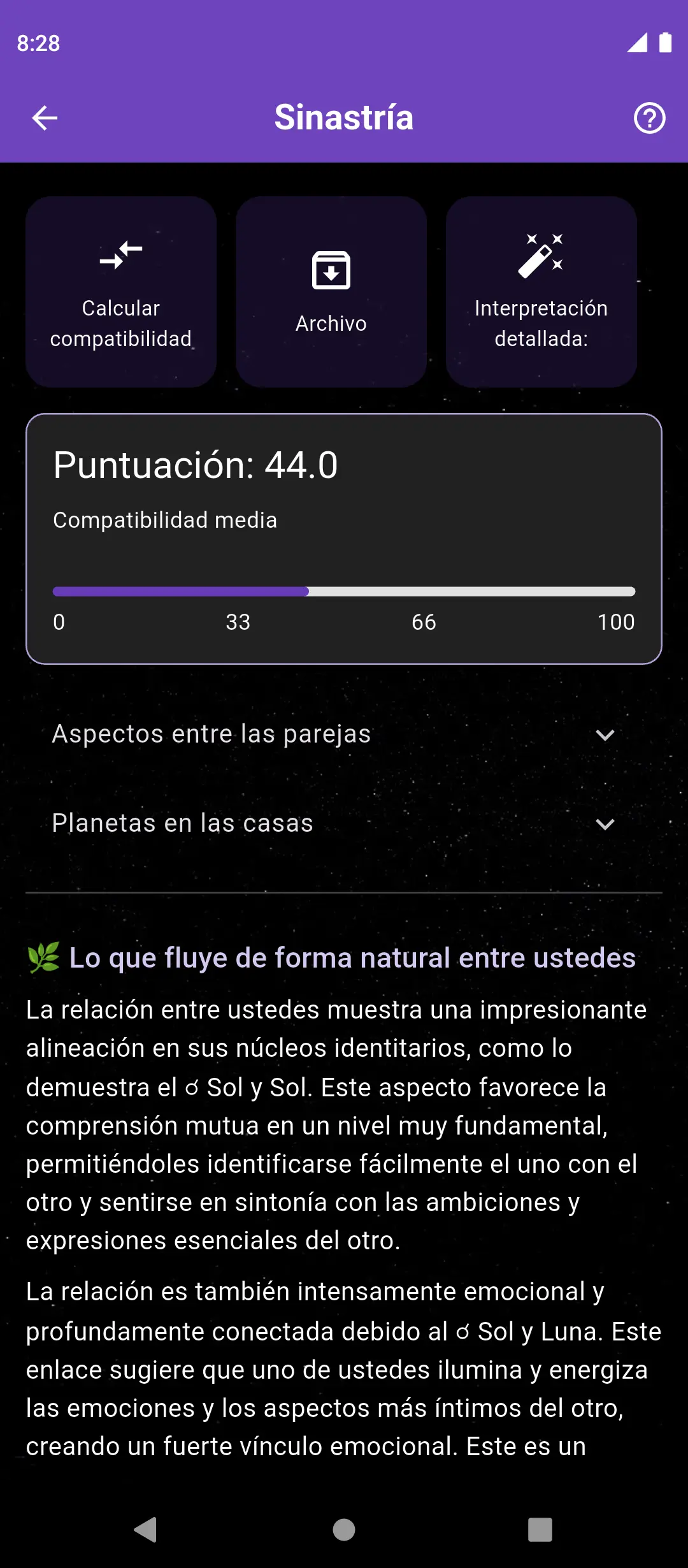 Ejemplo de análisis de relación en la sección de sinastría