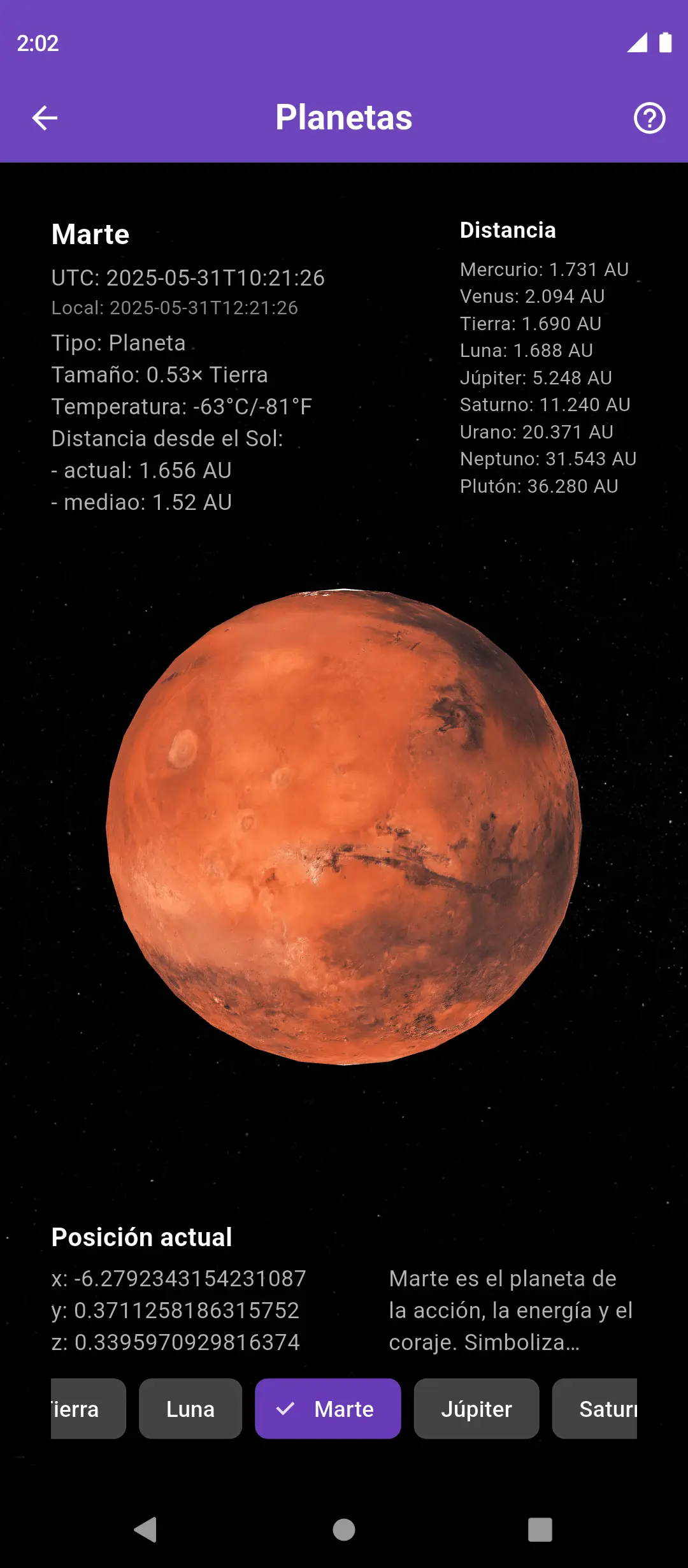 Pantalla interactiva con planetas en la aplicación Nowalogy