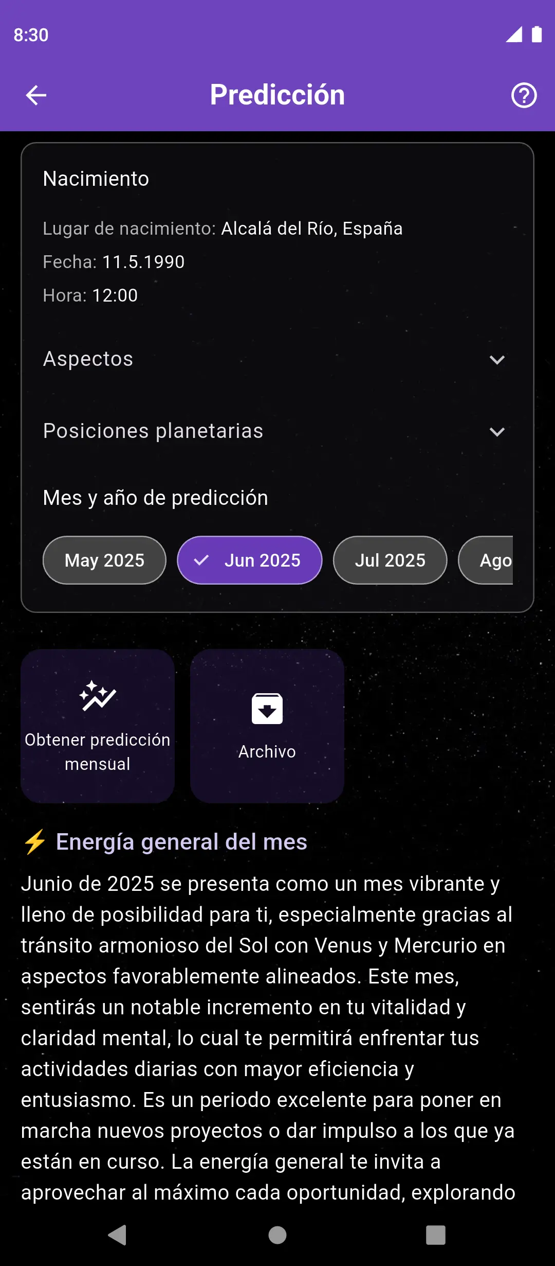 Pantalla de pronóstico mensual