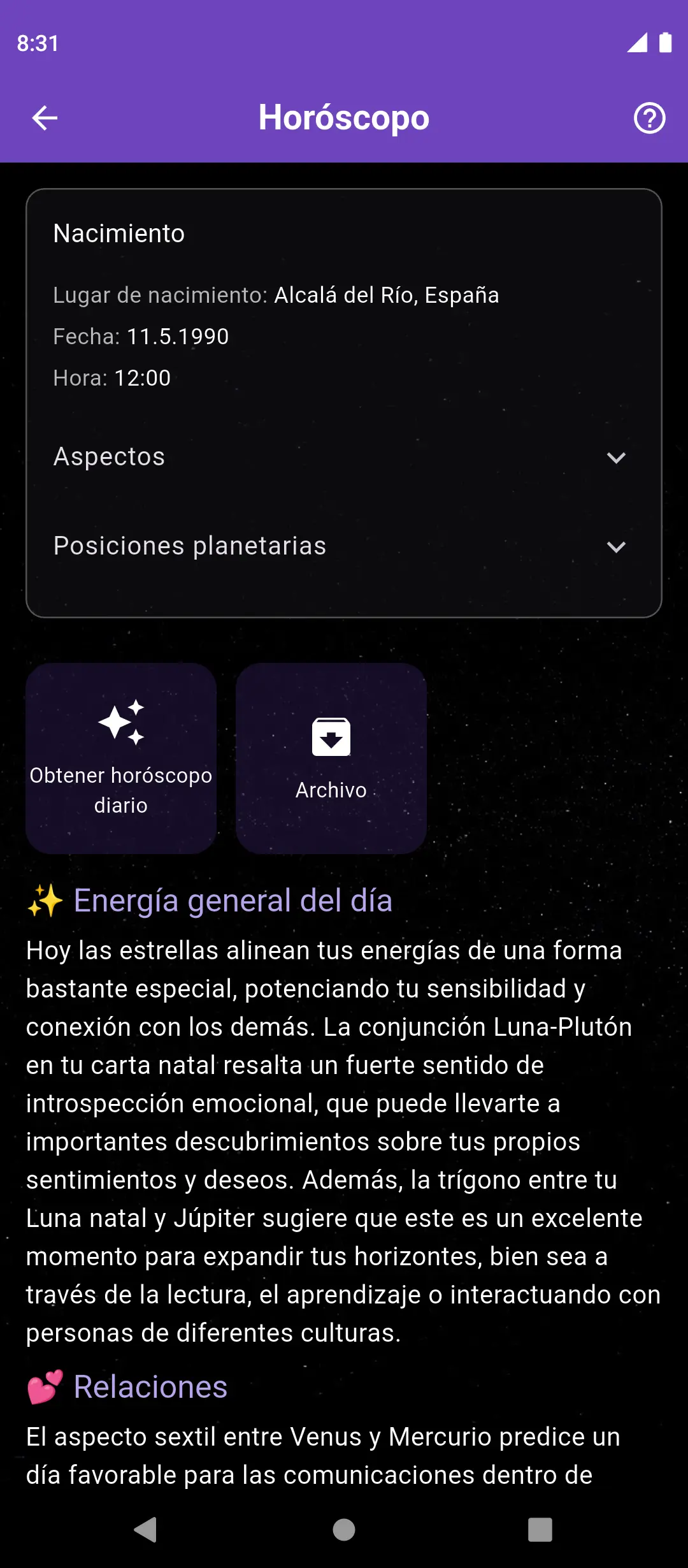 Pantalla del horóscopo diario en la aplicación Nowalogy