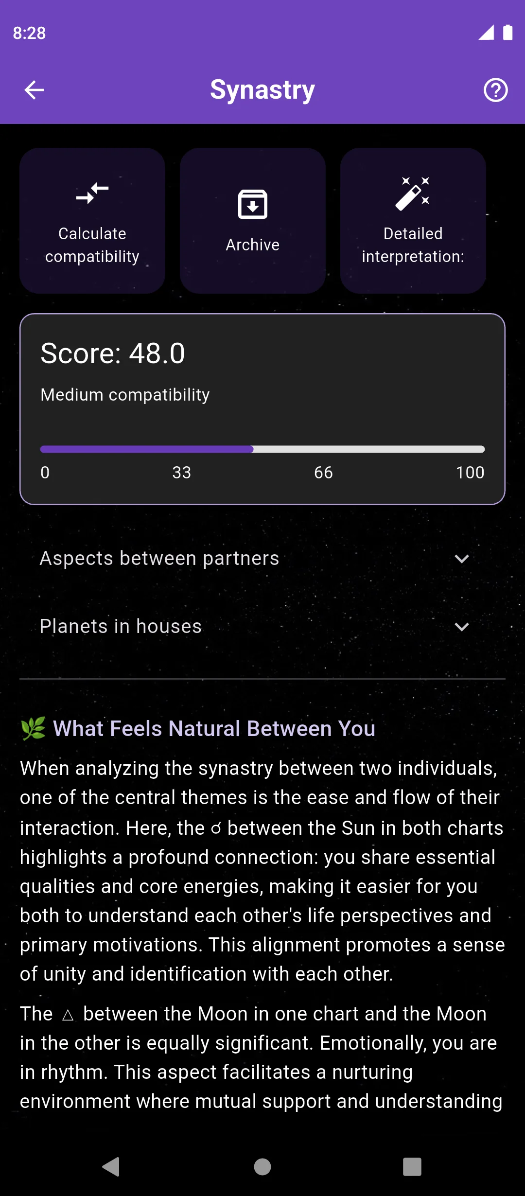 Synastry screen – sample relationship compatibility reading