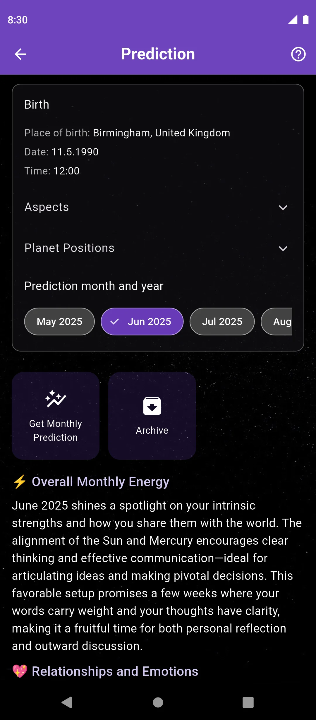 Monthly prediction screen in the Nowalogy app
