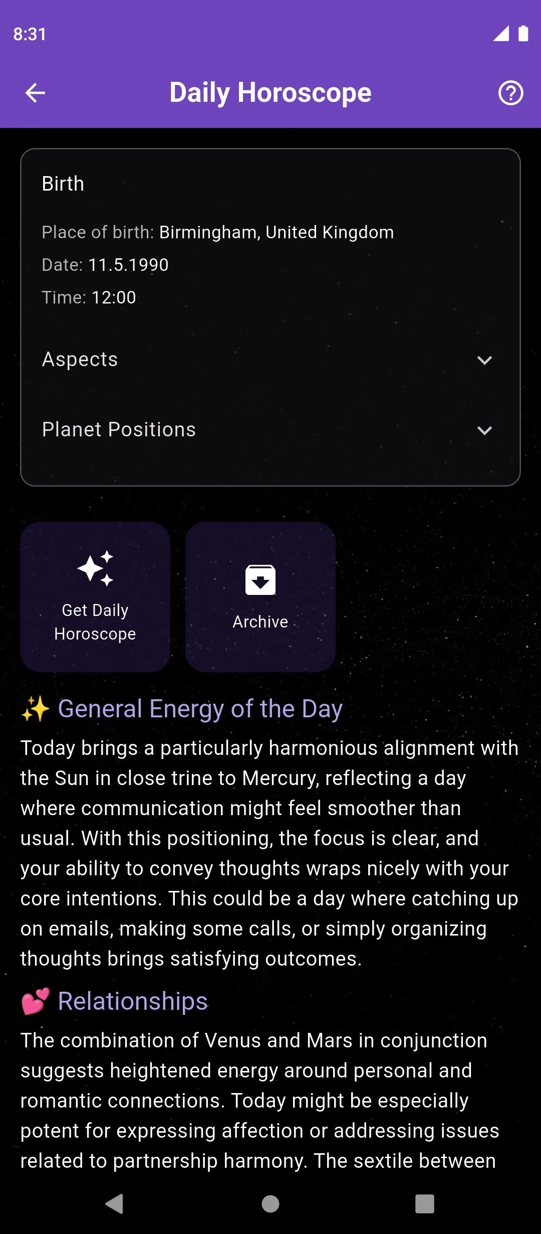 Daily horoscope screen in the Nowalogy app