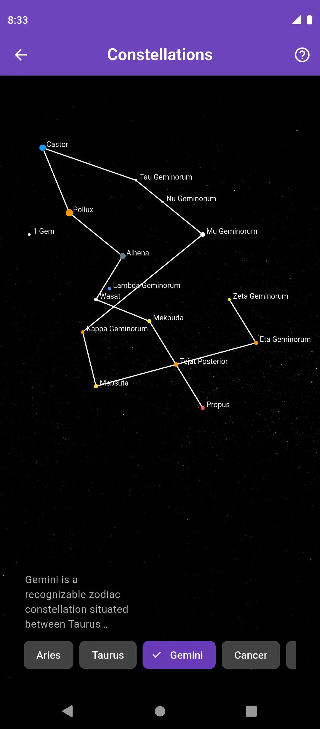 Constellations screen in the Nowalogy app