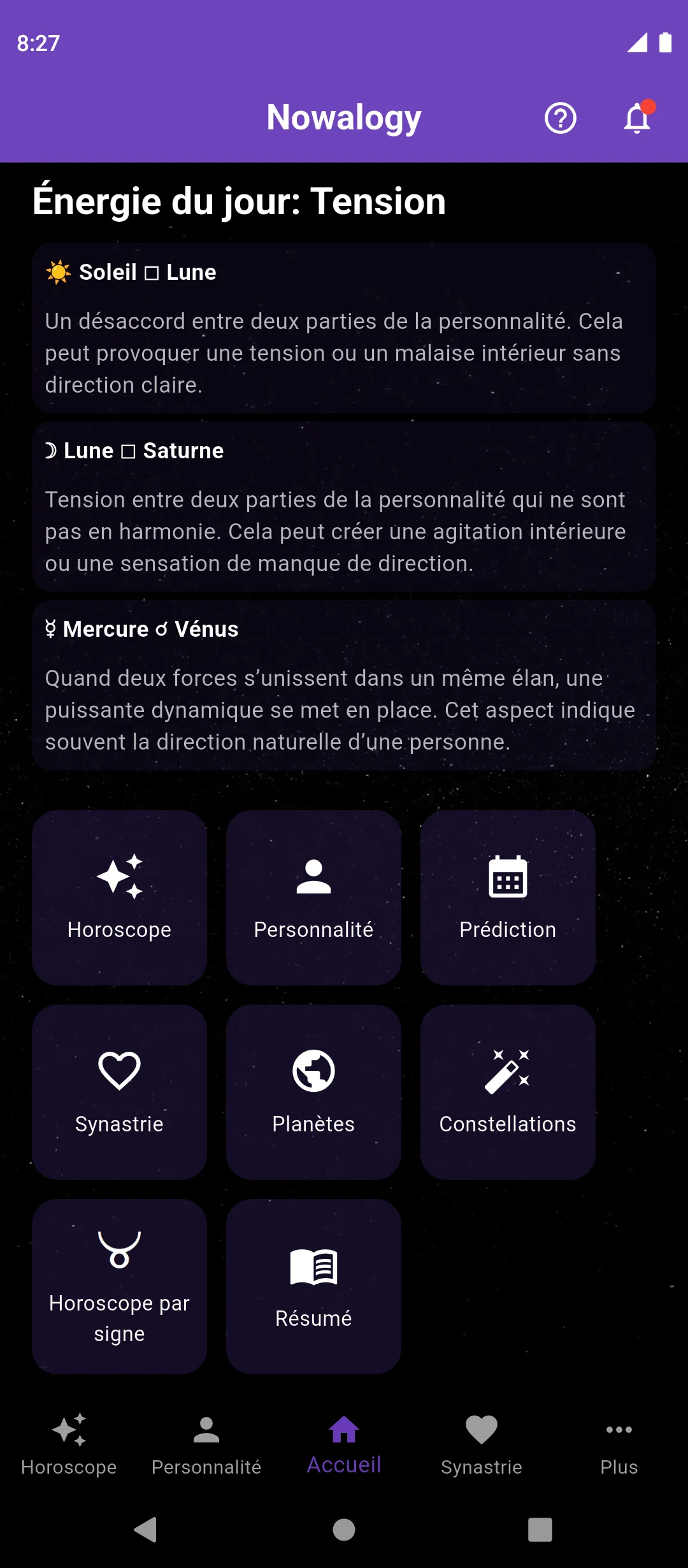 Écran d’accueil de l’application