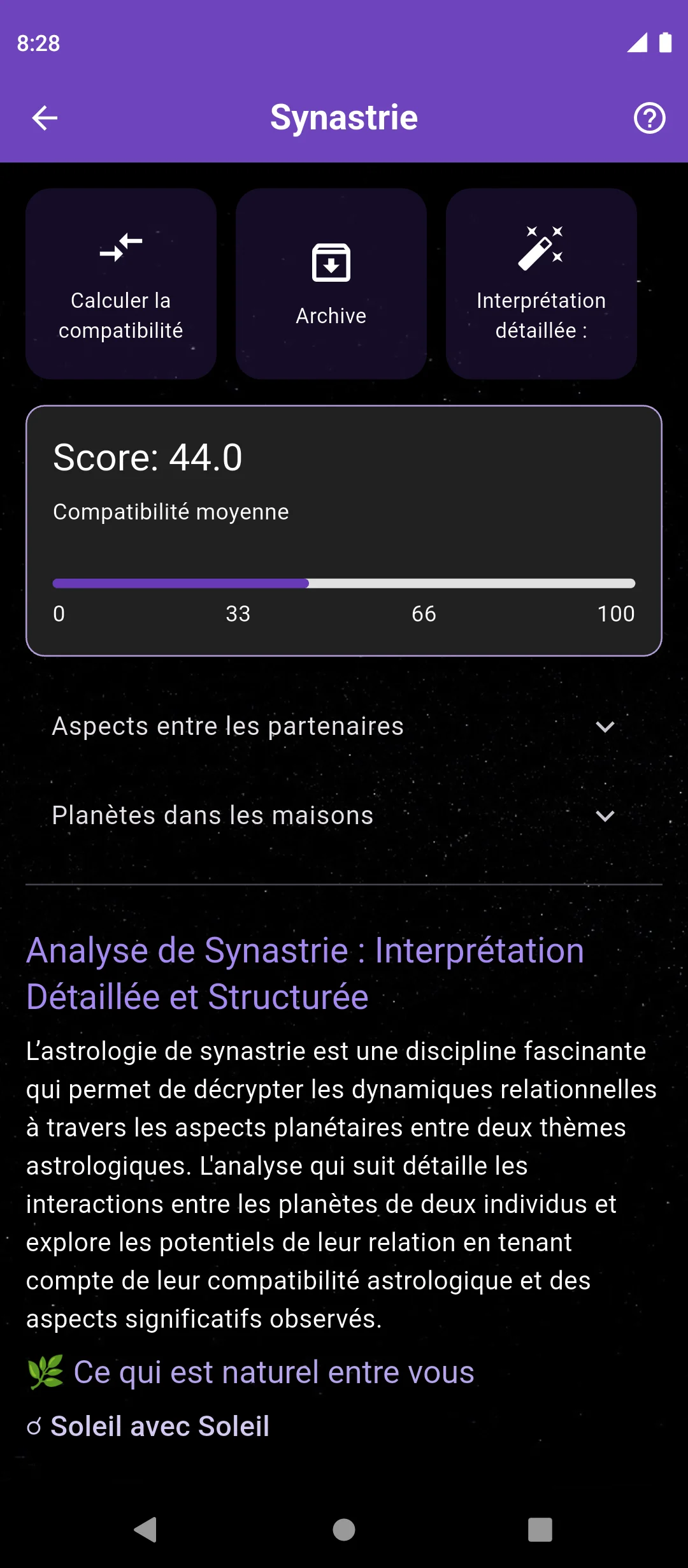 Aperçu de l’analyse relationnelle dans la section Synastrie