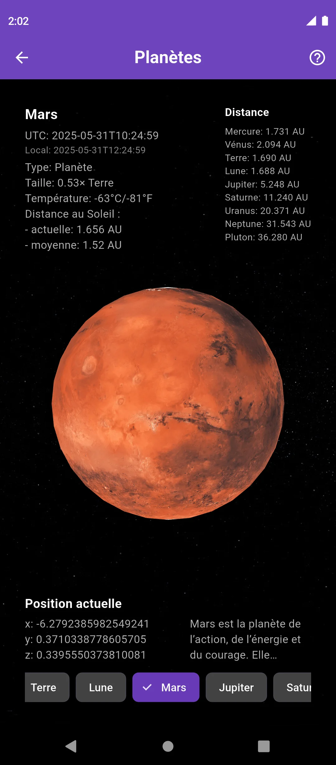 Écran interactif des planètes dans l’application Nowalogy