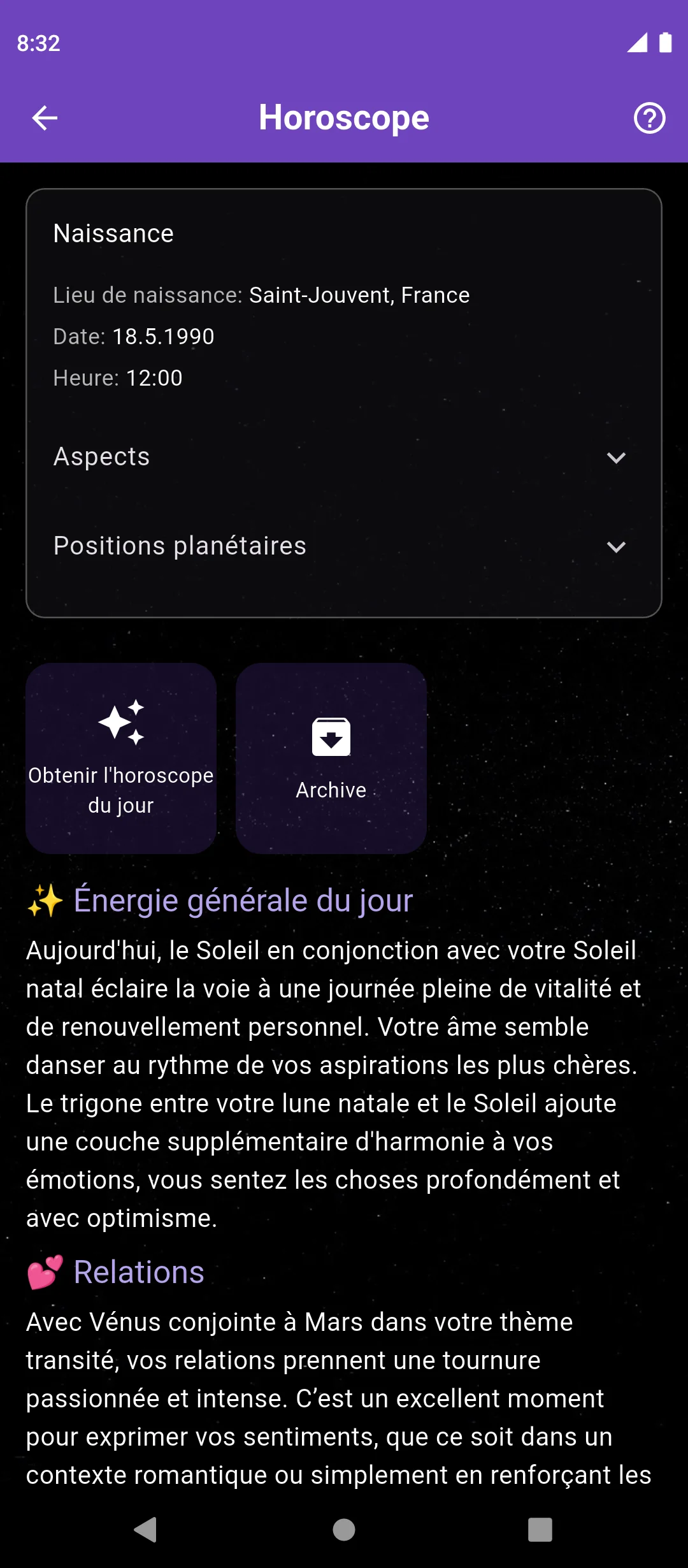 Écran de l’horoscope du jour dans l’application Nowalogy