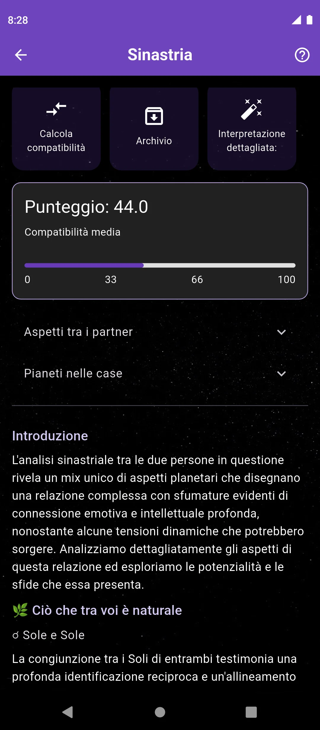 Esempio di analisi della relazione nella sezione Sinastria