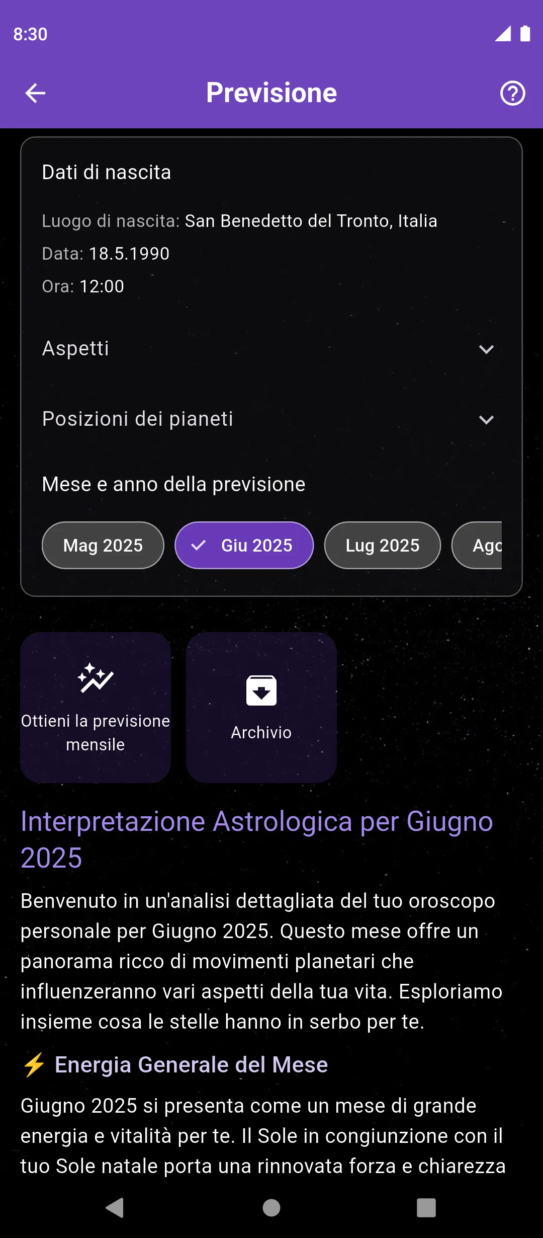 Schermata delle previsioni astrologiche mensili