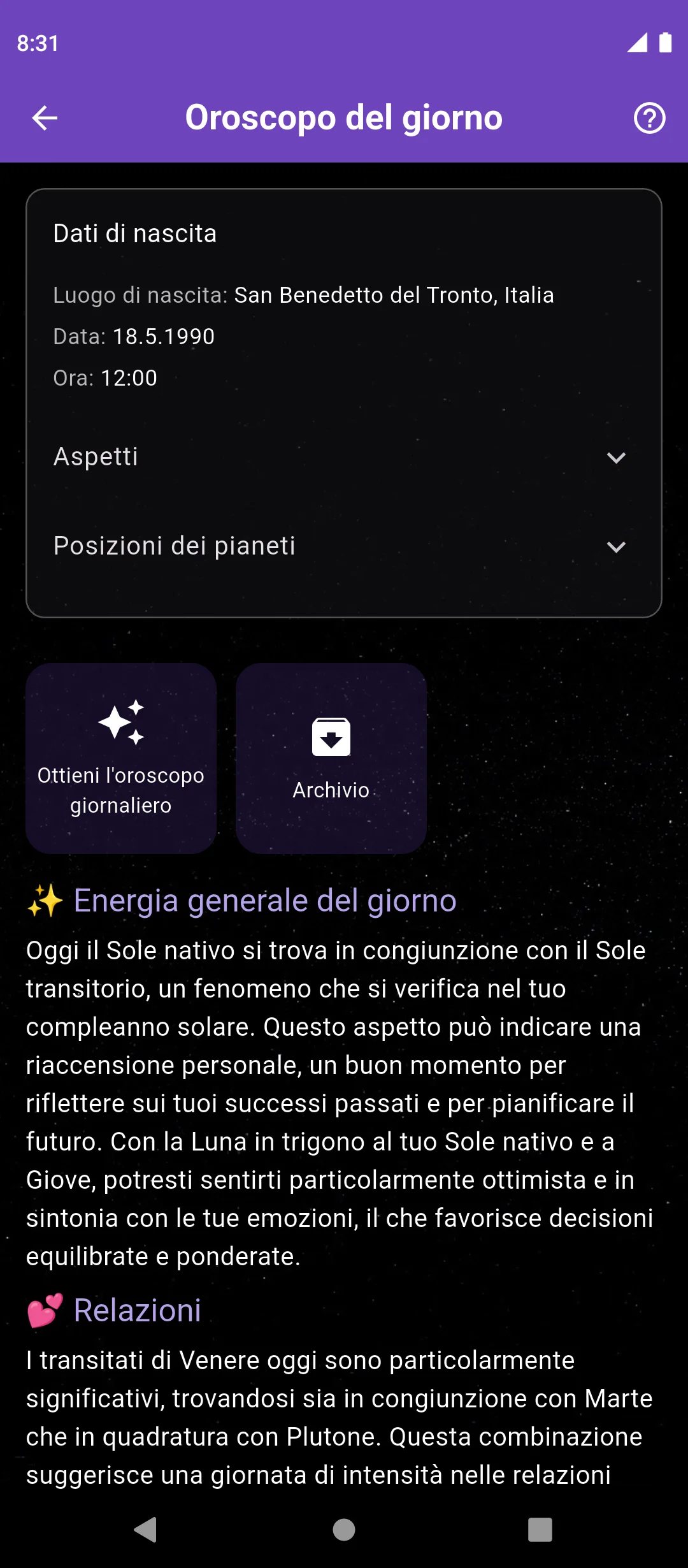 Schermata dell’oroscopo del giorno nell’app Nowalogy