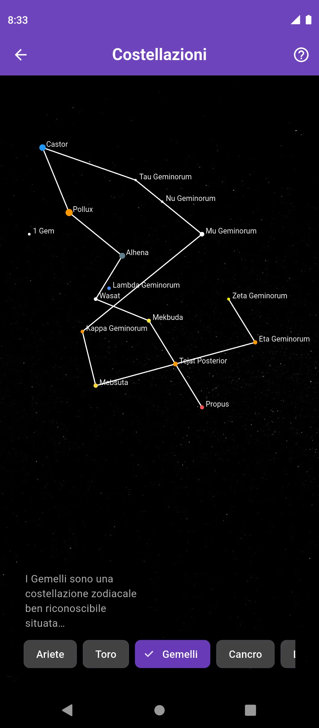 Panoramica delle costellazioni nell’app
