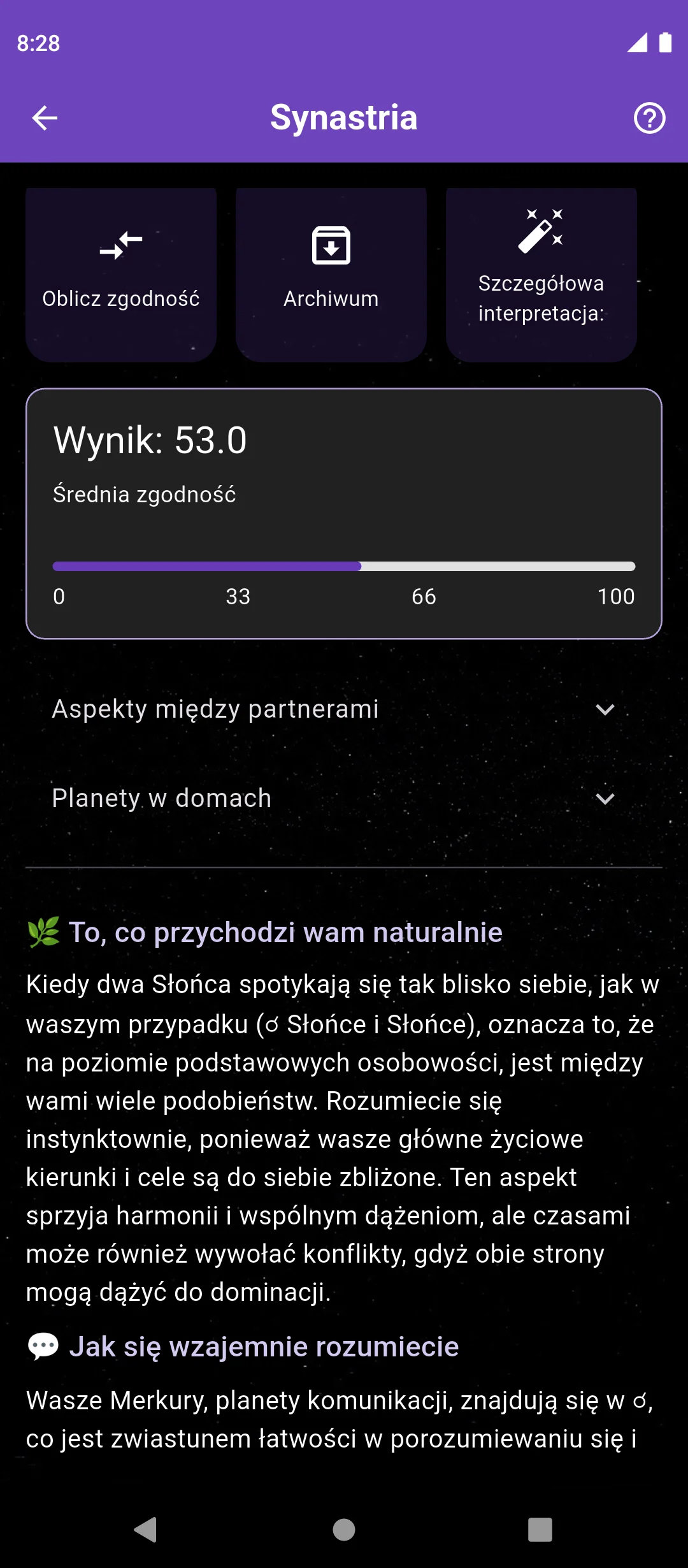 Ekran synastrii – przykładowa analiza zgodności w relacji