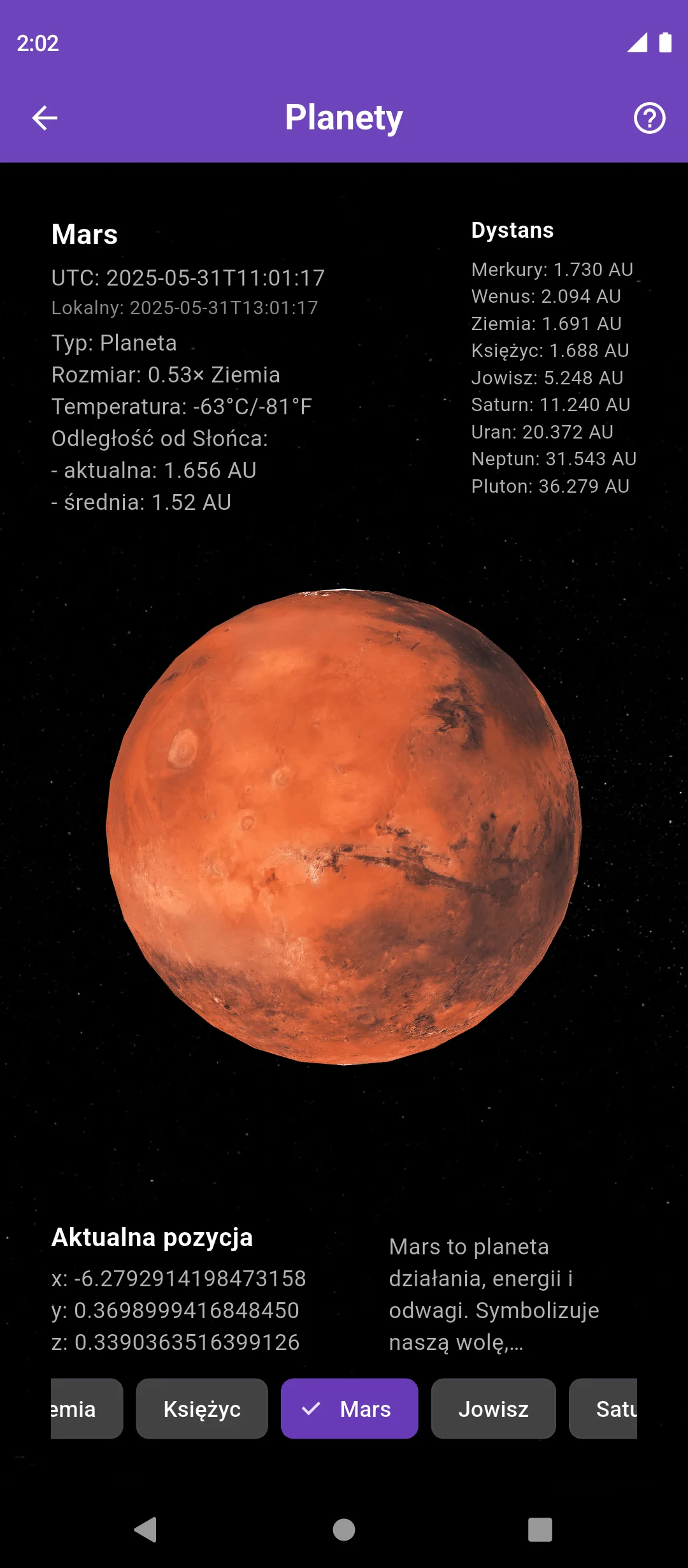 Interaktywny ekran z planetami w aplikacji Nowalogy