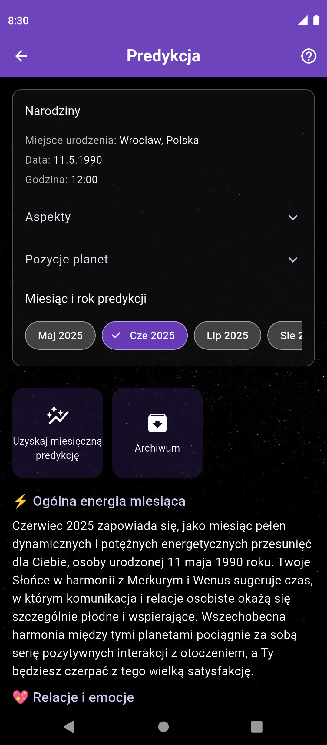 Ekran miesięcznej predykcji