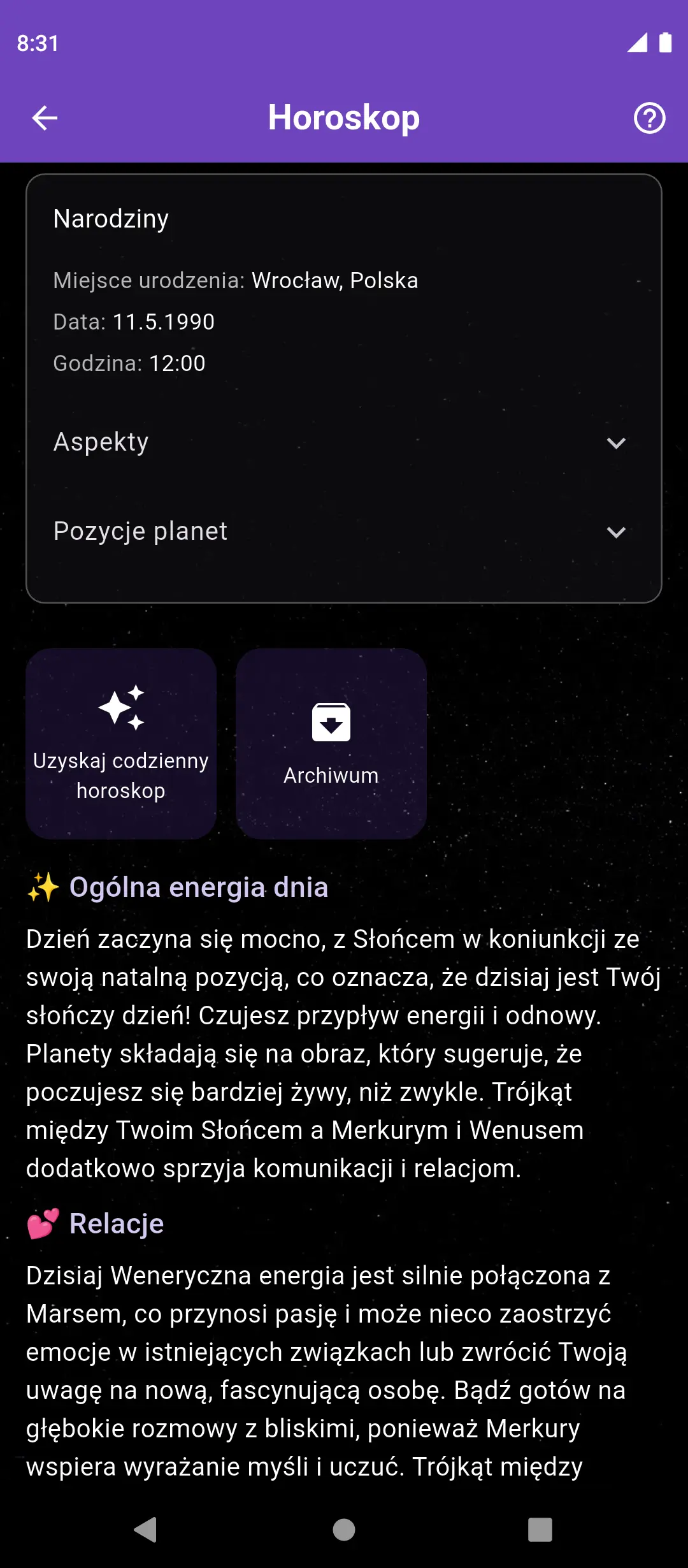 Ekran dziennego horoskopu w aplikacji Nowalogy