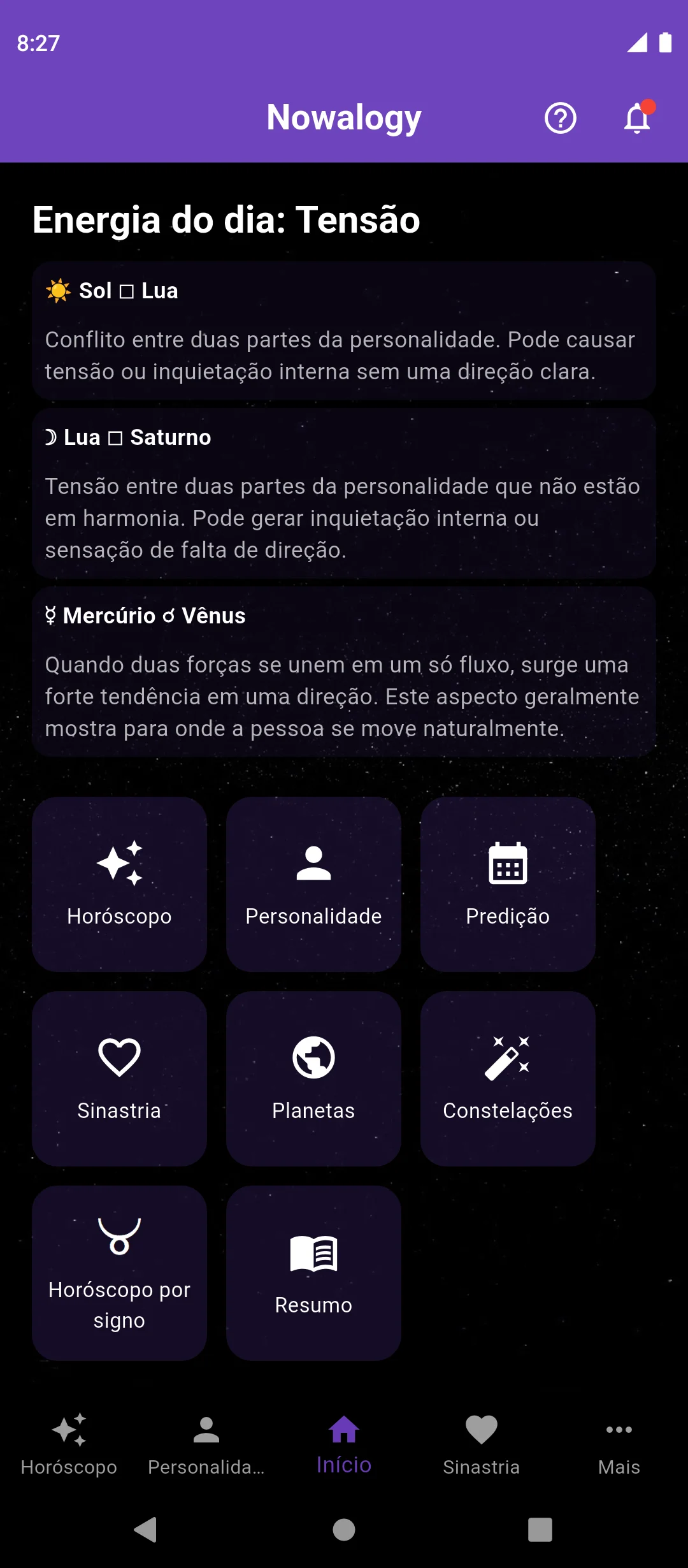 Tela inicial do aplicativo Nowalogy