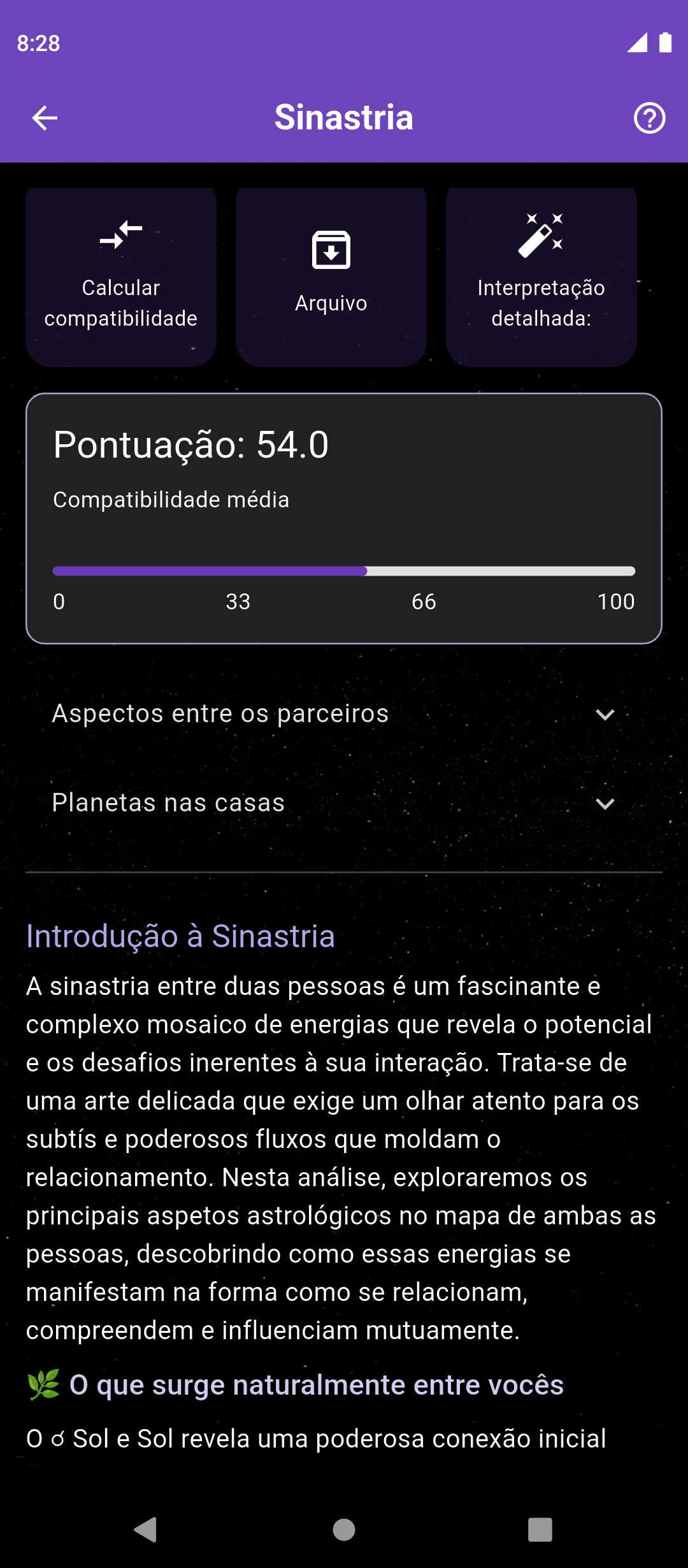 Exemplo de análise de relacionamento na seção Sinastria