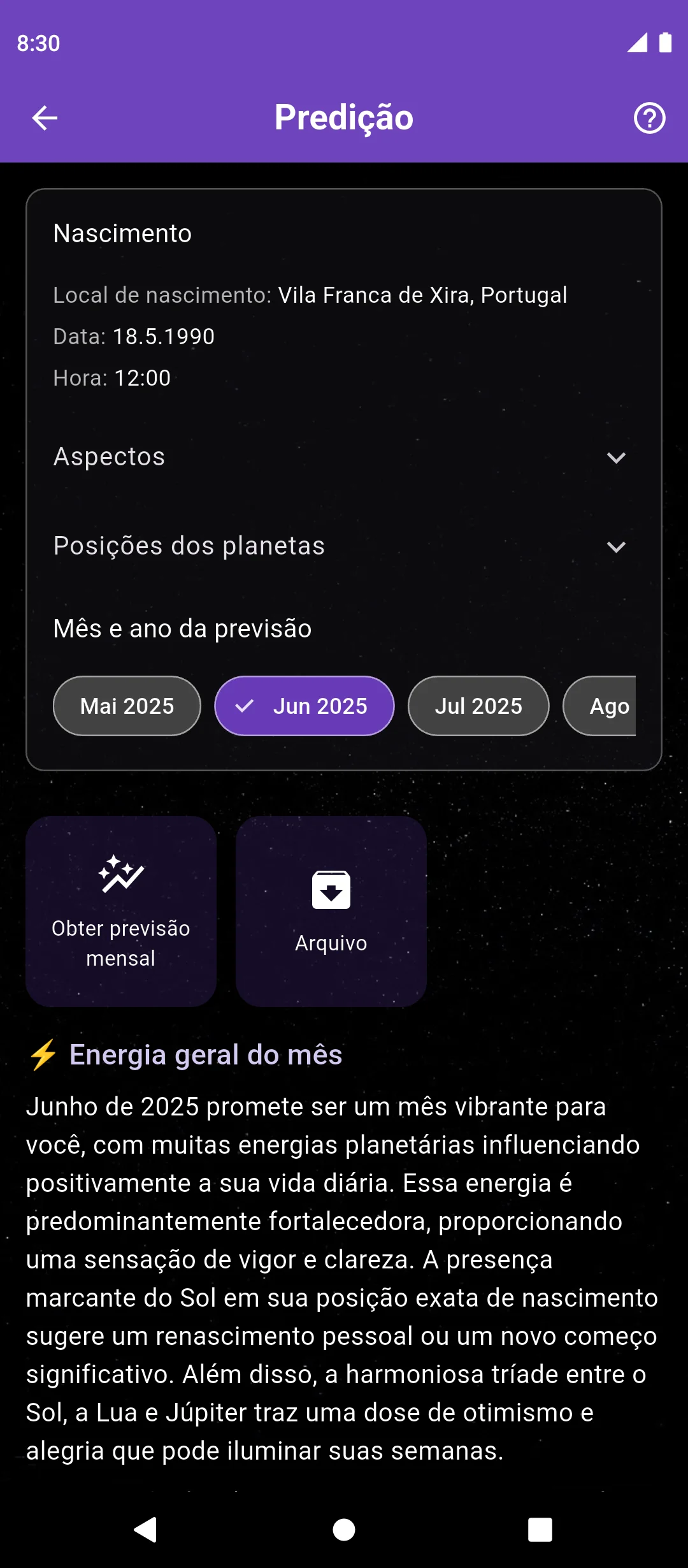 Tela da previsão mensal no aplicativo Nowalogy