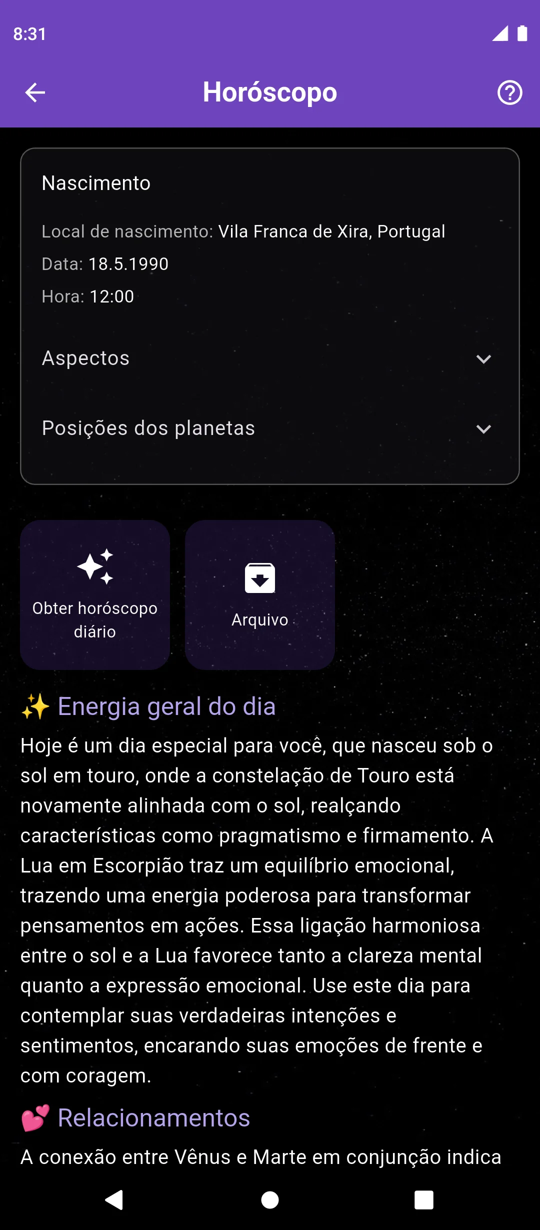 Tela do horóscopo diário no aplicativo Nowalogy